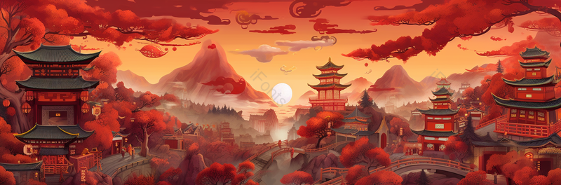 古代宫殿建筑远山红色喜庆背景,插画/手绘图,插画/手绘图库,插画/手绘图下载,插画/手绘